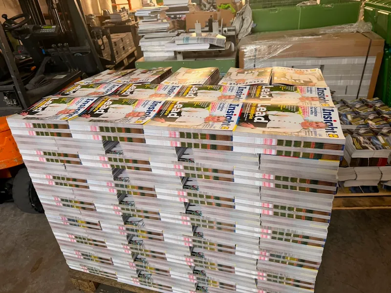 A completed pallet of polywrapped magazines ready for despatch