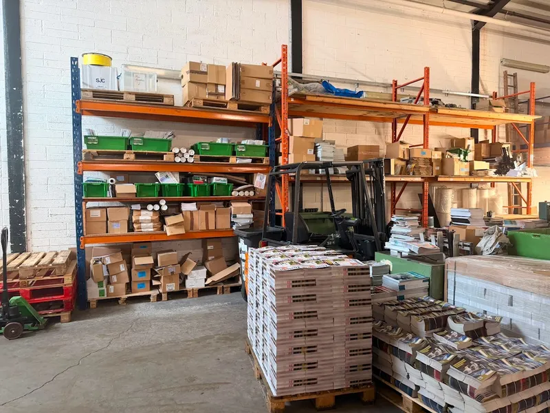 Stock and materials organised on shelving at our Dublin 3 facility